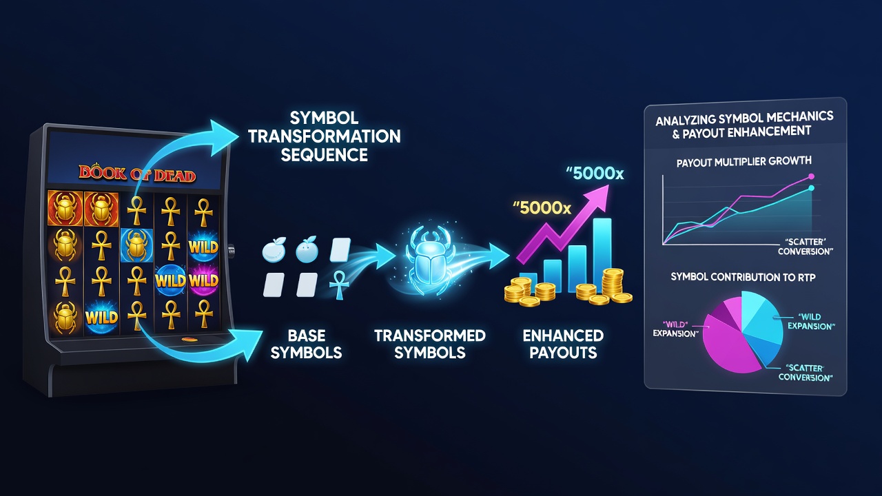 Mobile screen capture showing upgraded symbols and payout calculations after a transformation sequence in a Play'n GO app slot