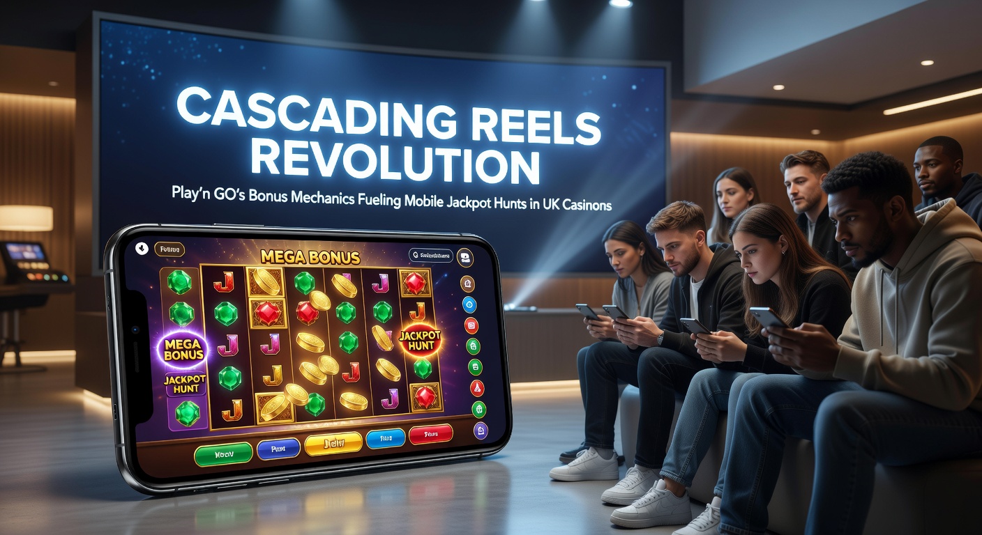Mobile phone displaying a Play'n GO jackpot slot with cascading wins and glowing progressive pots building toward a massive payout