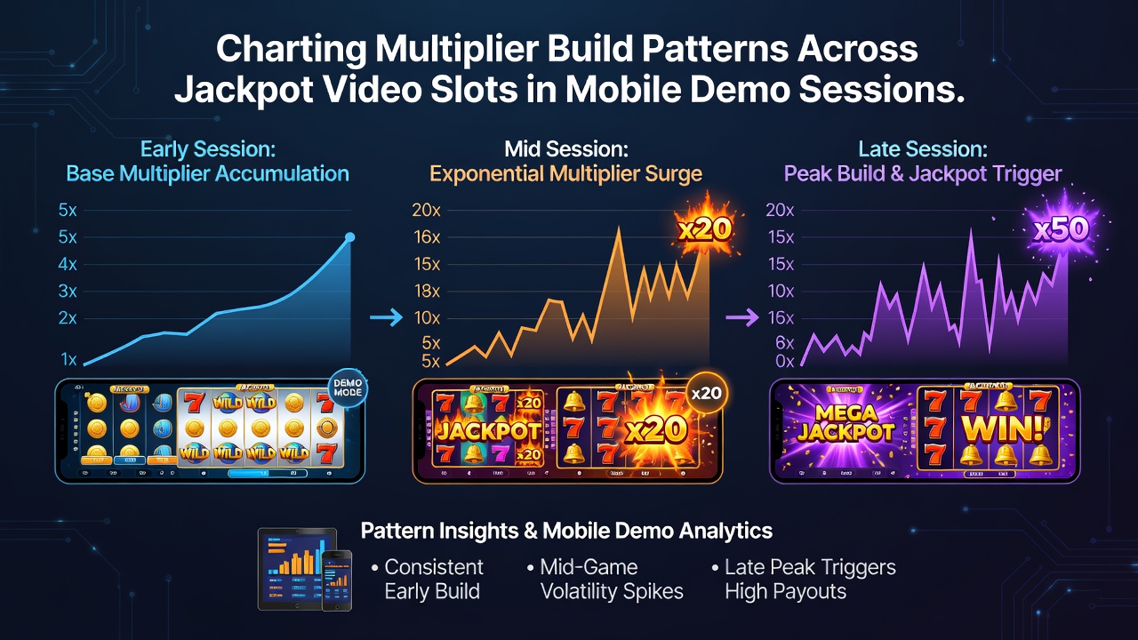 Chart showing multiplier build curves in jackpot slots during extended mobile demo sessions