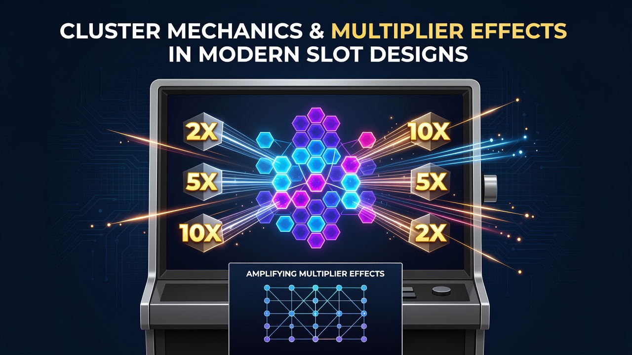 Visual representation of cluster symbol formations and multiplier overlays in a modern video slot interface