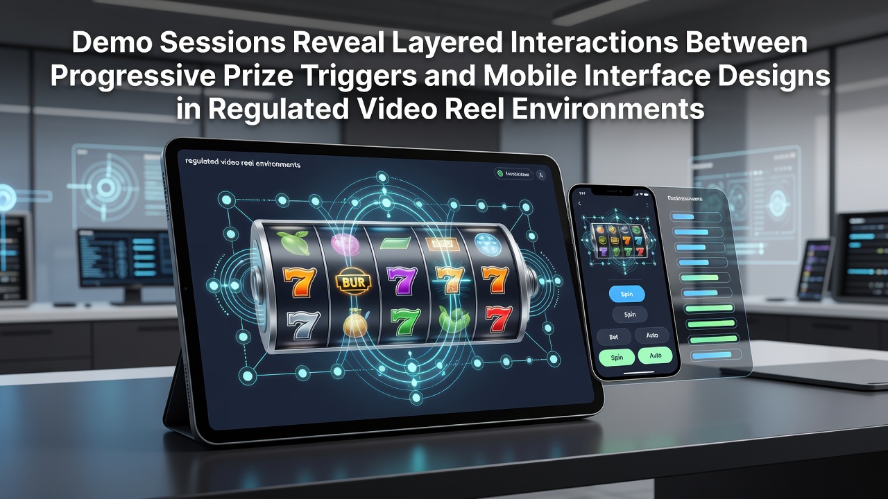 Mobile demo interface showing progressive prize triggers activating during reel spins in a regulated environment