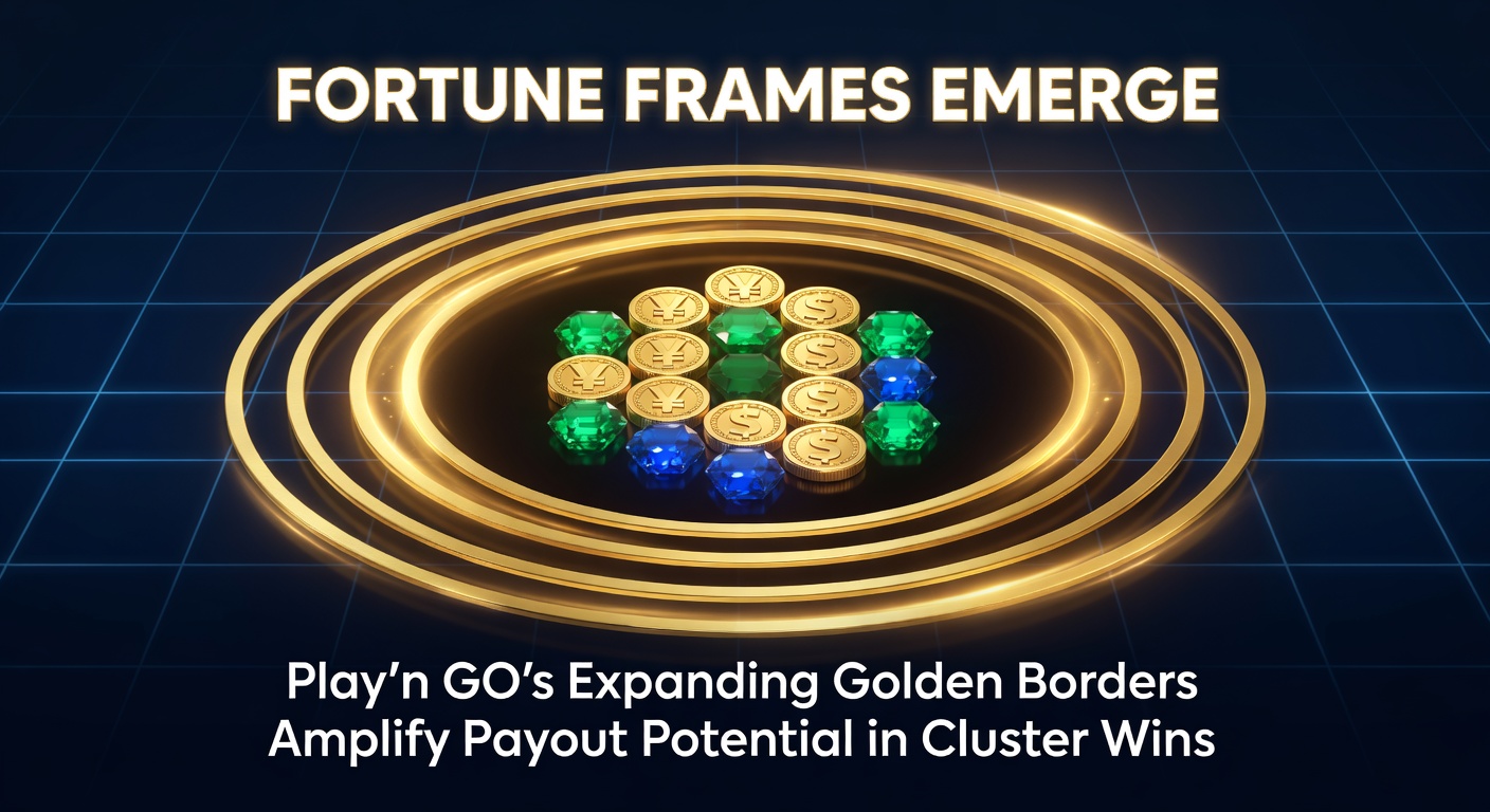 Close-up of Fortune Frames in expansion mode on a Play'n GO cluster slot, showing golden borders enveloping multiple winning symbol groups with multiplier badges glowing brightly