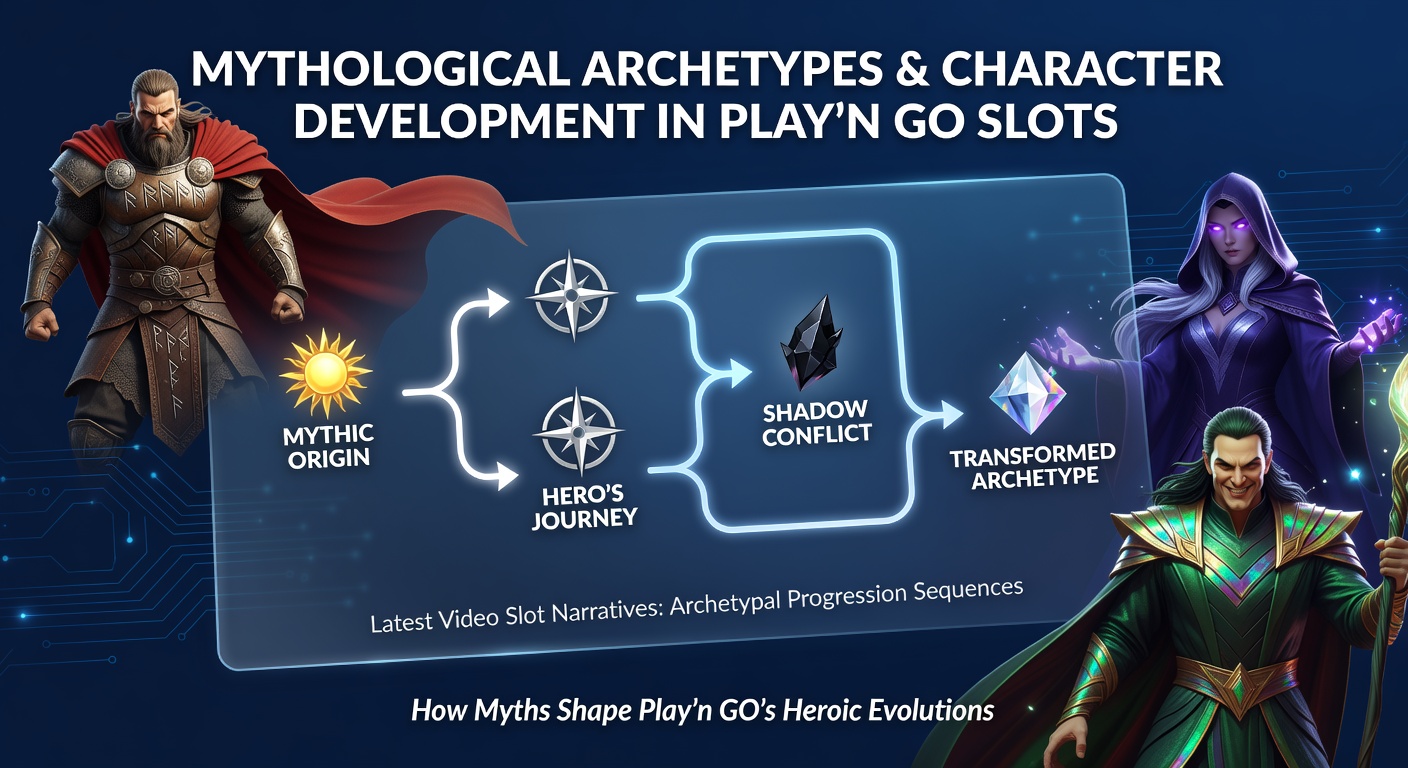 Play'n GO slot interface showing mythological character progression sequences with archetypal symbols and bonus stage transitions