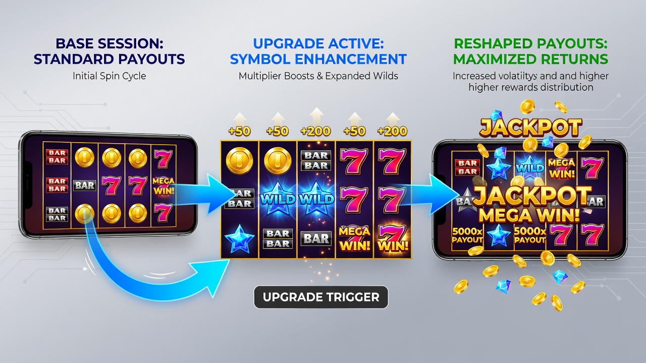 Mobile interface showing upgraded symbols and updated win totals