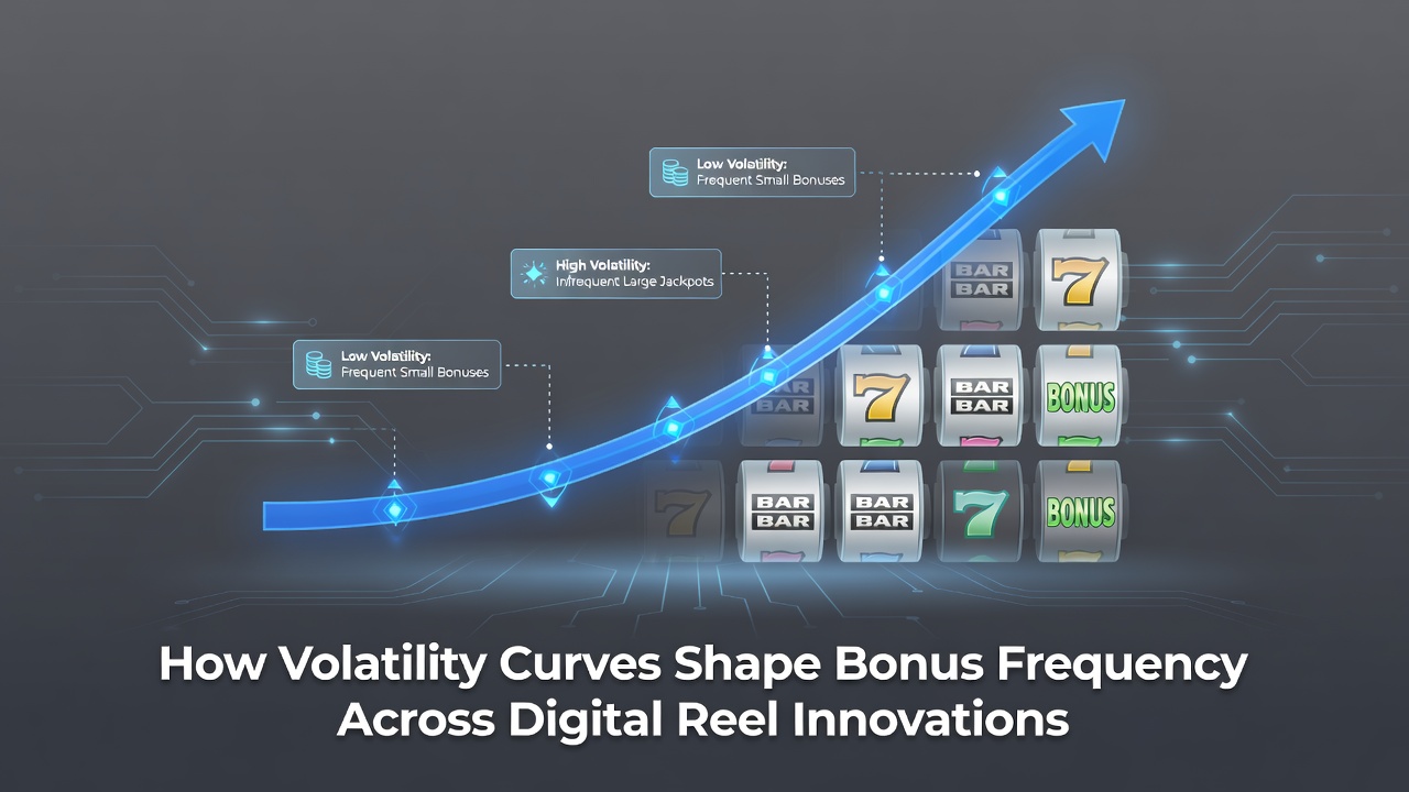 Digital slot reels displaying volatility curve patterns and bonus trigger mechanics