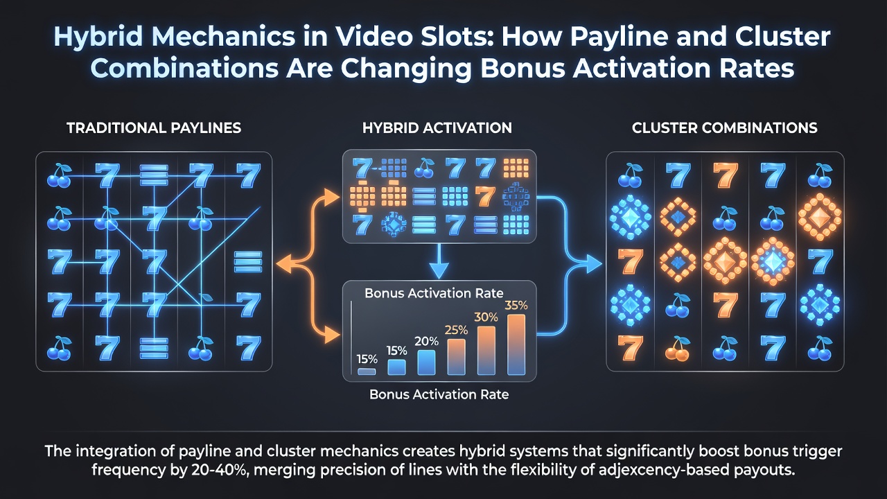 Diagram showing hybrid payline and cluster mechanics in a video slot interface