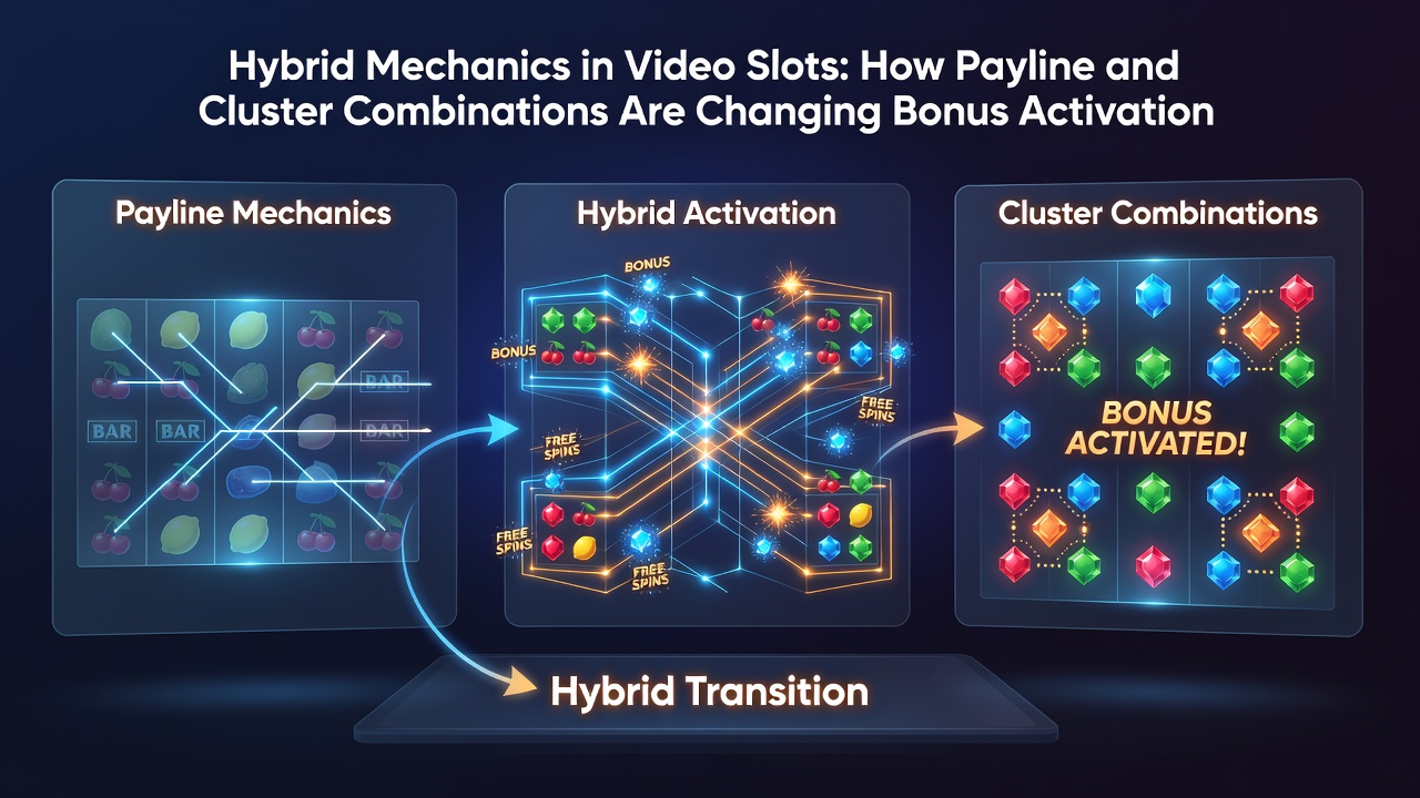 Close-up of a hybrid slot reel showing paylines intersecting with cluster formations during a bonus trigger