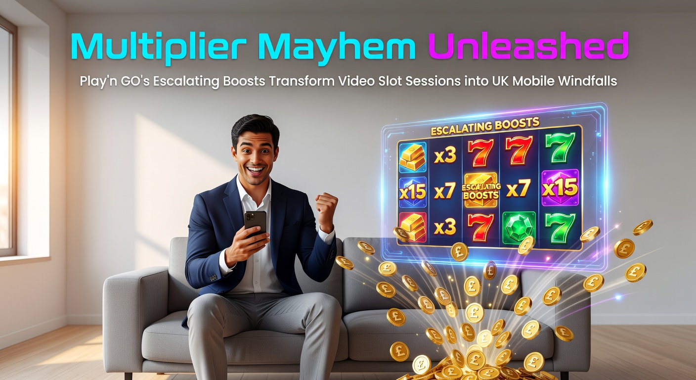 Vibrant Play'n GO slot screen showing escalating multiplier symbols stacking up during a bonus round, with glowing boosts amplifying wins on a mobile device