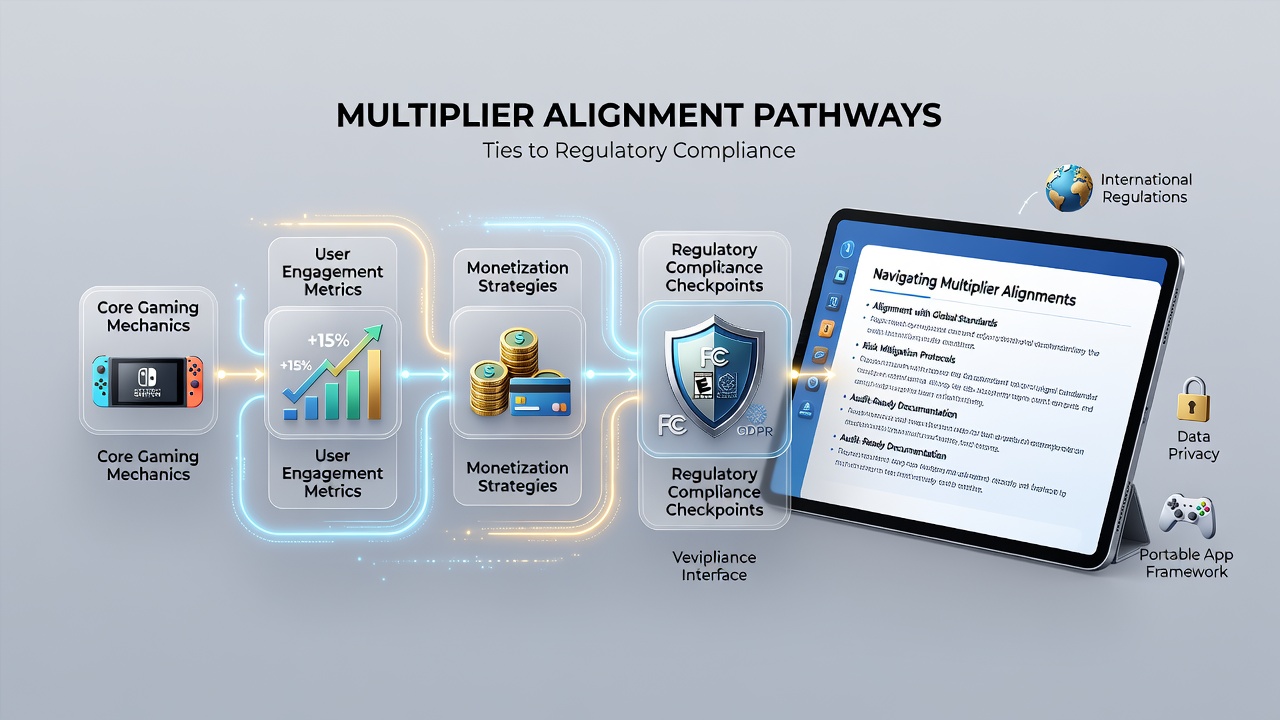 Regulatory compliance checklist displayed alongside a portable gaming application interface