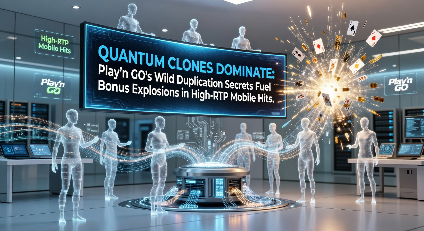 Vibrant Play'n GO slot screen showing quantum cloning symbols multiplying across reels during a bonus round, with explosive win animations lighting up the mobile interface