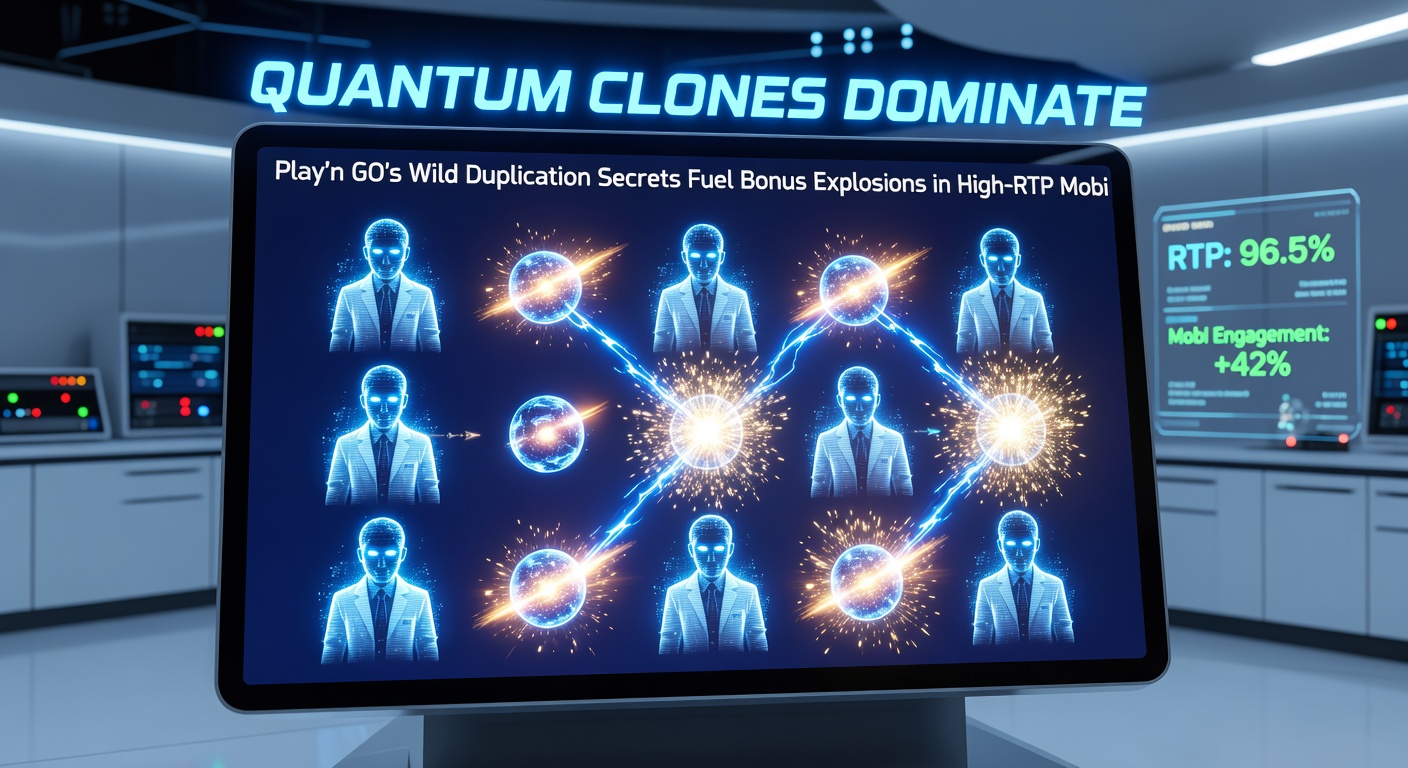Close-up of a Play'n GO mobile slot bonus explosion, quantum clones multiplying wilds across a colorful grid with cascading wins and glowing multipliers