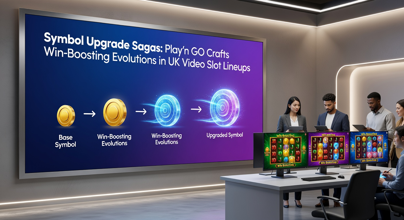 Close-up of a Play'n GO slot bonus round featuring symbol upgrades, golden frames expanding as low symbols evolve into premium paying icons with multiplier trails