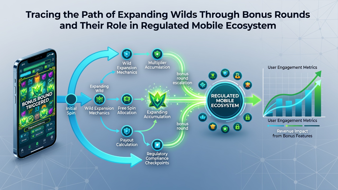 Mobile device displaying synchronized expanding wilds during a regulated bonus round