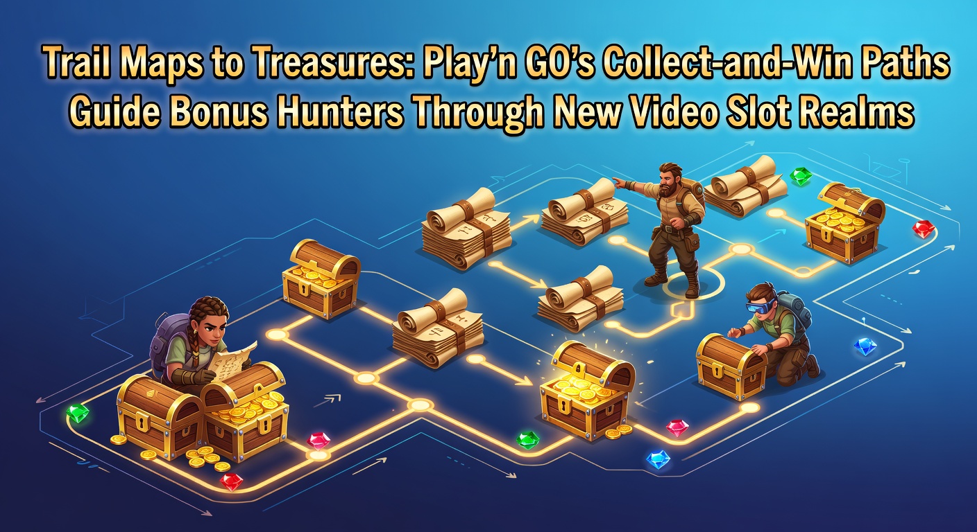 Vibrant Play'n GO slot screen showing a winding treasure trail map with glowing collectible symbols and bonus multipliers along the path